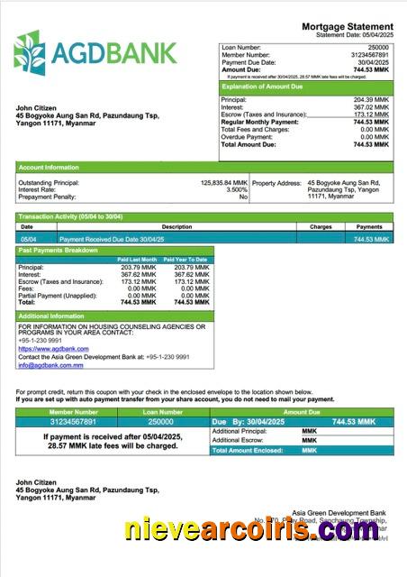 Myanmar Asia Green Development (AGD) Bank mortgage statement Word and PDF template